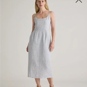 NWOT Quince Women 100% European Linen Scoop Neck Midi Dress Blue Pinstripe S